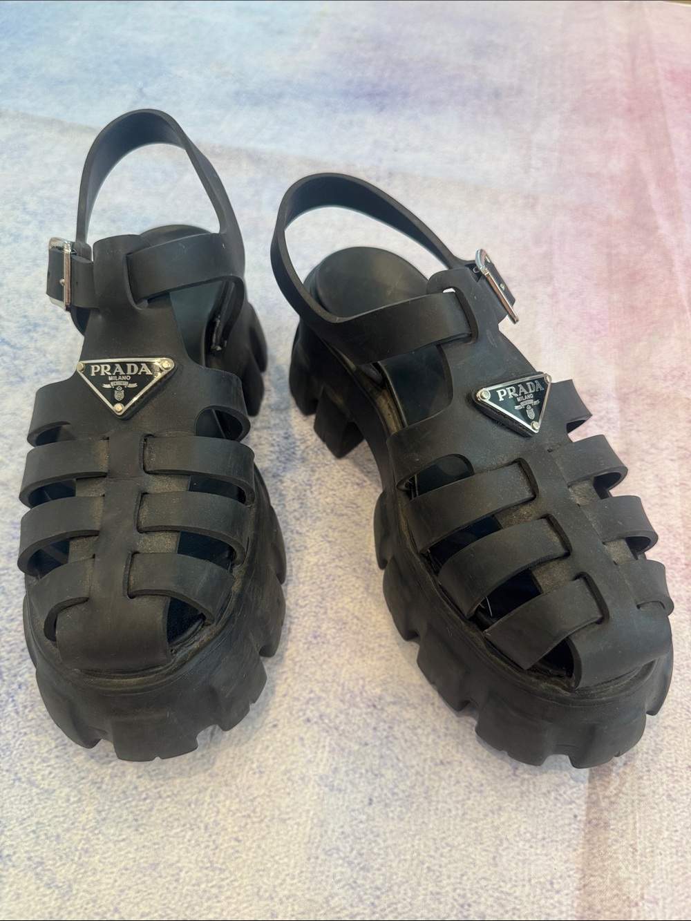 Prada black gladiator platform strappy shoes